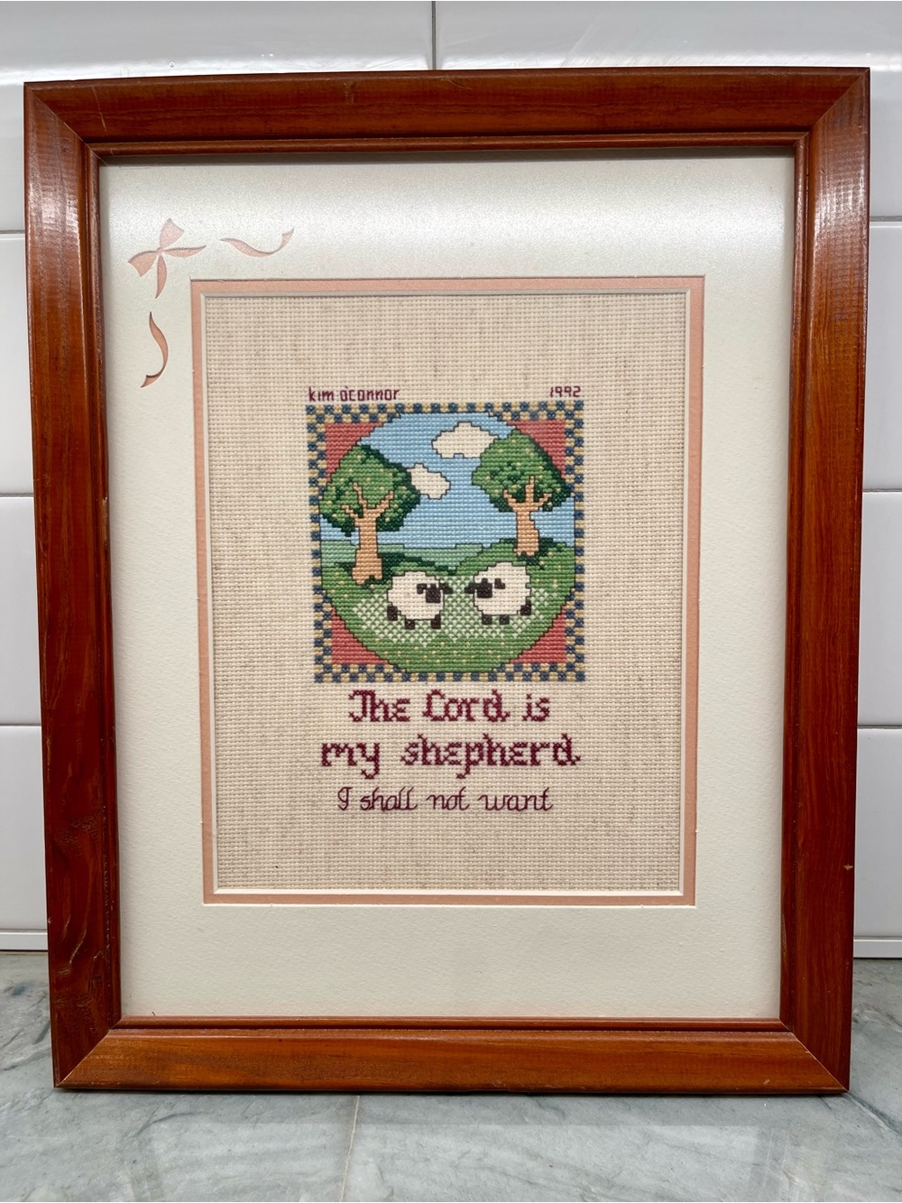 VTG 90s The Lord is My Sheperd Handmade Cross Stitch Framed Matted Sheep EUC